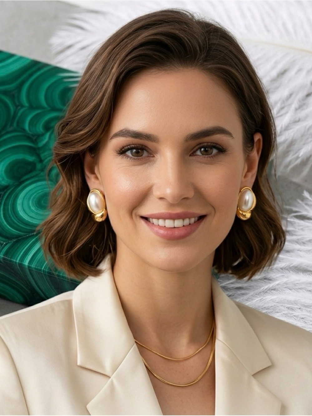 Gold & Pearl Oval Stud Earrings – Chunky Vintage-Inspired Statement Earrings
